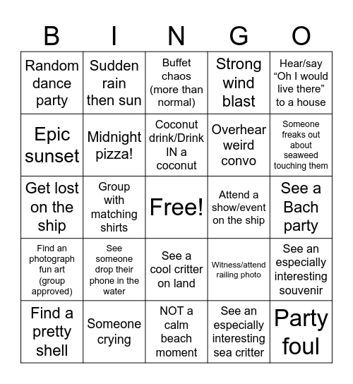 Cruise Bingo Card