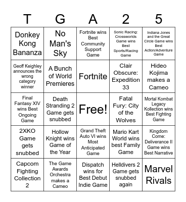 The Game Awards 2025 Bingo Card
