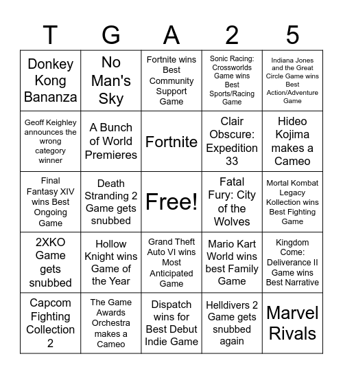 The Game Awards 2025 Bingo Card