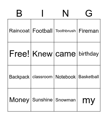 Spelling Bingo Card