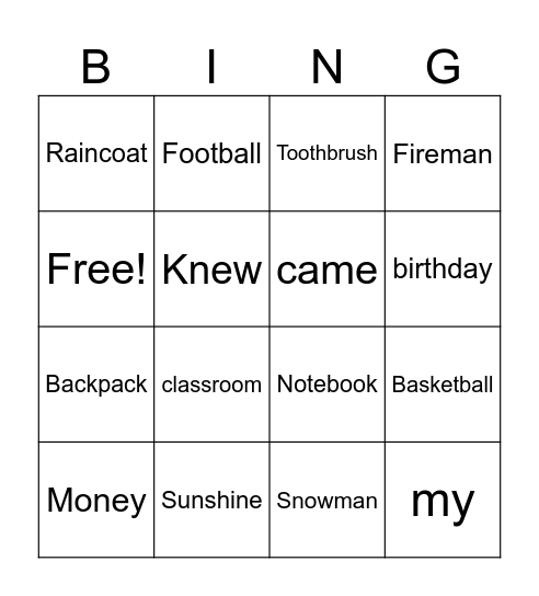Spelling Bingo Card