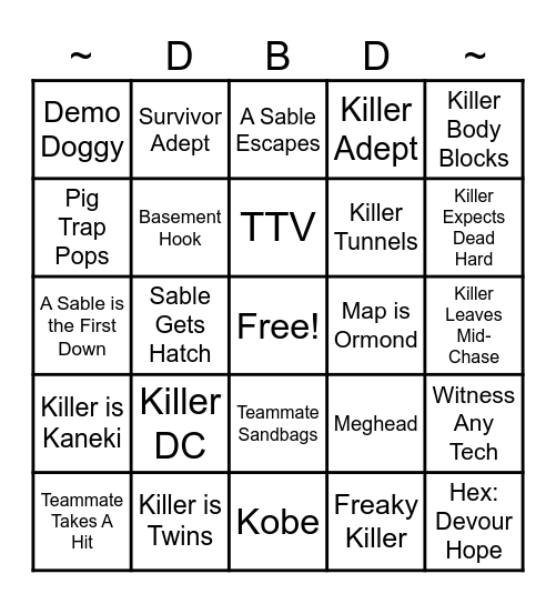 DBD Bingo Card