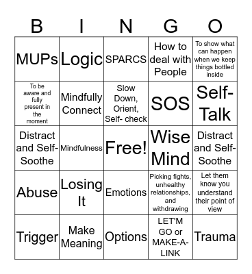 SPARCS Skills Review Bingo Card