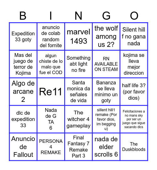 Bingo de los Game Awards Bingo Card