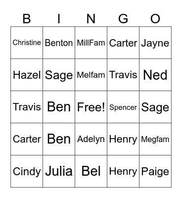 Miller Family Bingo Card