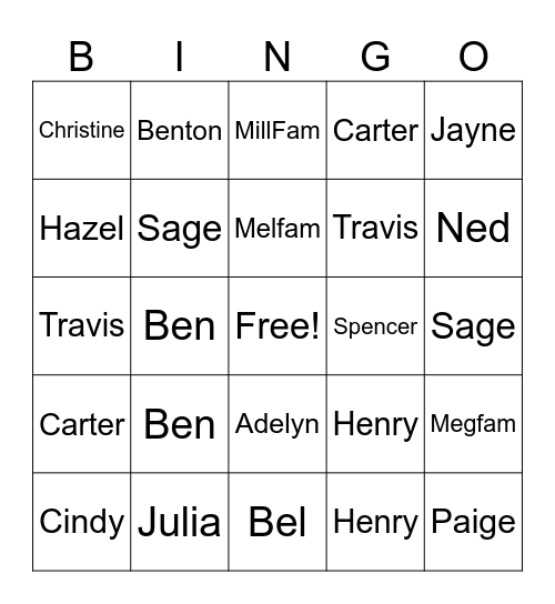 Miller Family Bingo Card