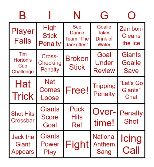 GIANTS GAME Bingo Card