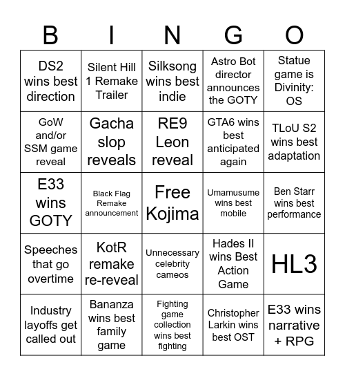 TGA 2025 Bingo Card Bingo Card