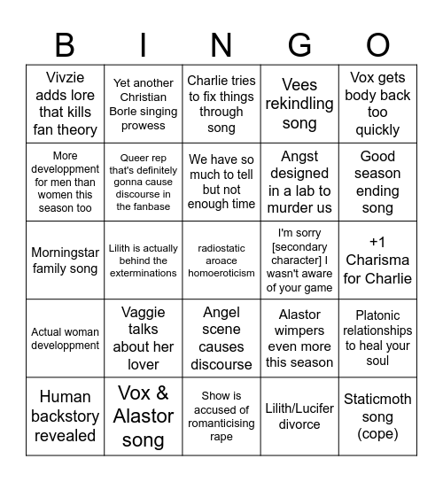 Hazbin Hotel season 3 Bingo Card