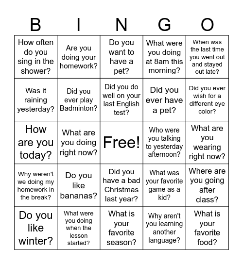 Mon TC tenses review Bingo Card