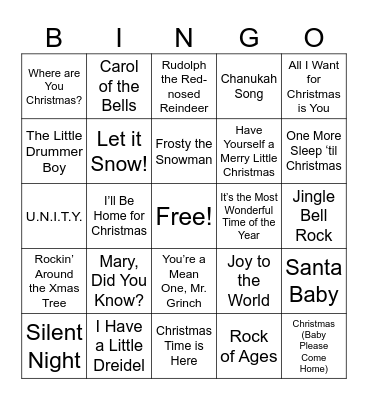 Holiday Music BINGO Card