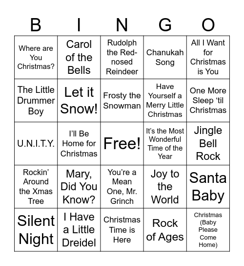 Holiday Music BINGO Card