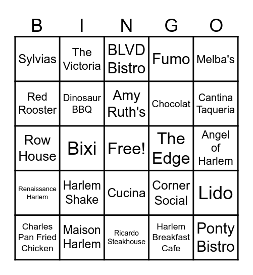 Harlem Restaurants Bingo Card