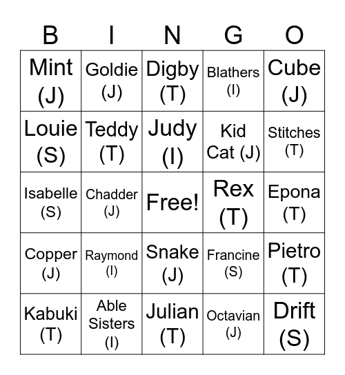 Inky Animal Crossing (round 1) Bingo Card