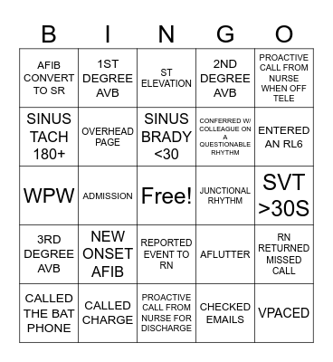 Cardiac Monitor Tech Bingo Card
