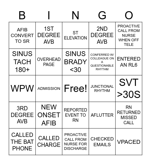 Cardiac Monitor Tech Bingo Card