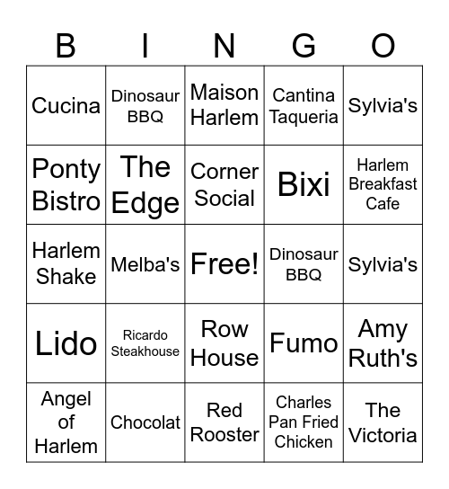 Harlem Restaurants Bingo Card