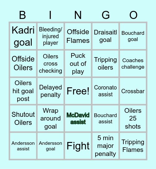 Oilers vs Flames Bingo Card