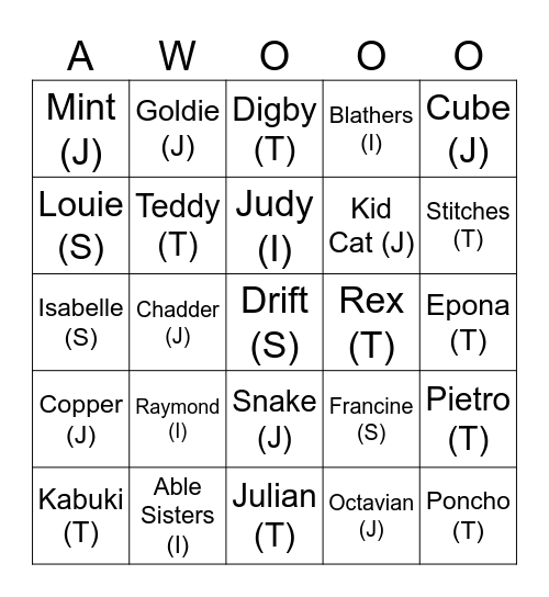 Ralfonic Animal Crossing (round 1) Bingo Card