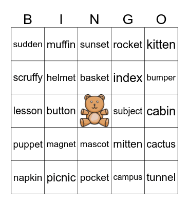 2 syllable closed Bingo Card