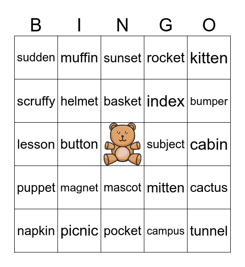 2 syllable closed Bingo Card