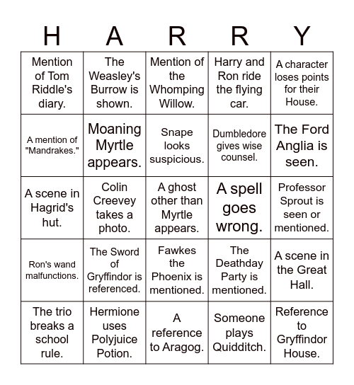 CHAMBER OF SECRETS Bingo Card