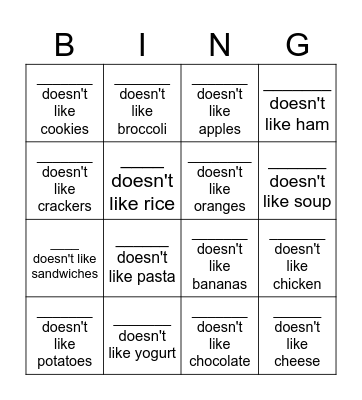 LEAST FAVORITE FOODS Bingo Card