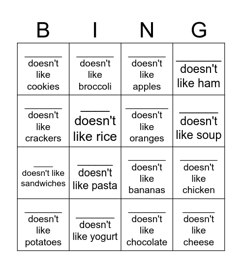 LEAST FAVORITE FOODS Bingo Card