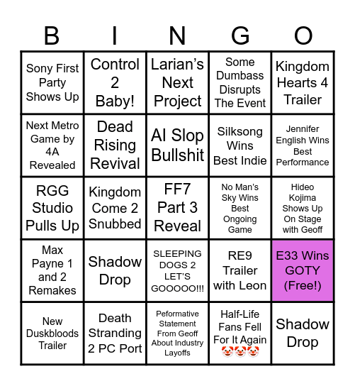 TGA 2025 Bingo Card