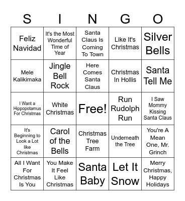 Christmas Singo Bingo Card