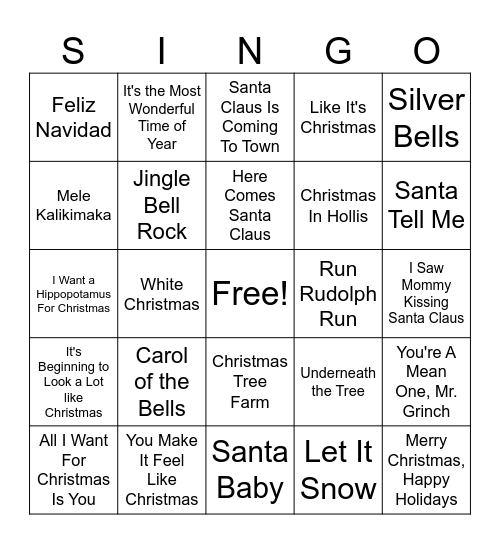 Christmas Singo Bingo Card