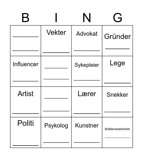 Hva vil du bli? Bingo Card
