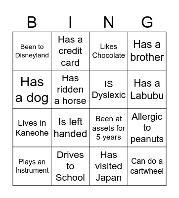 Getting to Know Classmates Bingo Card
