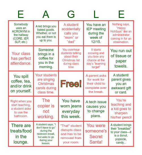 Teaching During the Holidays Bingo Board Bingo Card