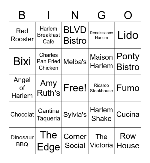 Harlem Restaurants Bingo Card