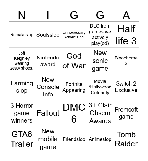 Game Awards 2025 Bingo Card