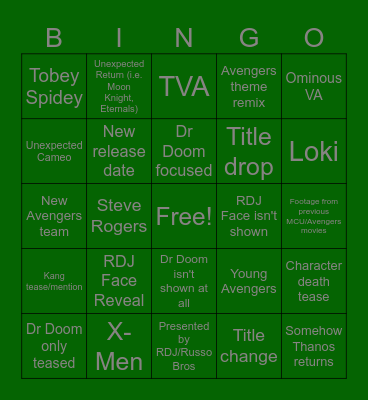 Doomsday Trailer Bingo Card