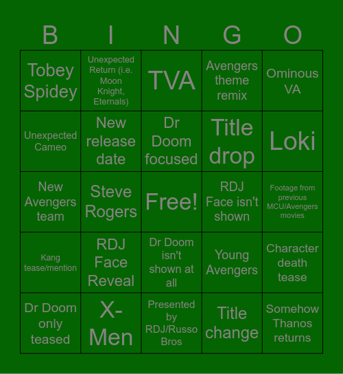Doomsday Trailer Bingo Card