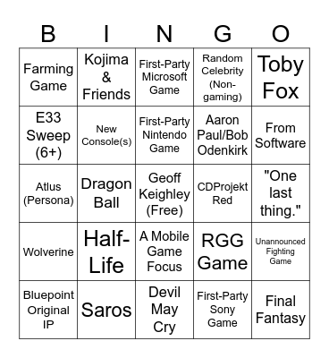 The Game Awards 2025 Bingo Card