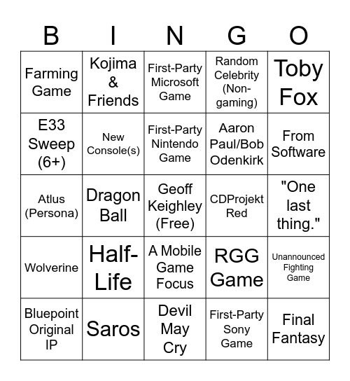 The Game Awards 2025 Bingo Card