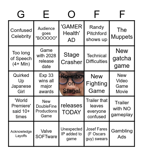 Game Awards 2025 Bingo Card