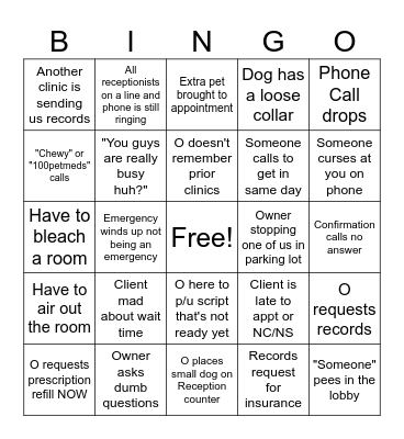 Vet Reception Bingo Card