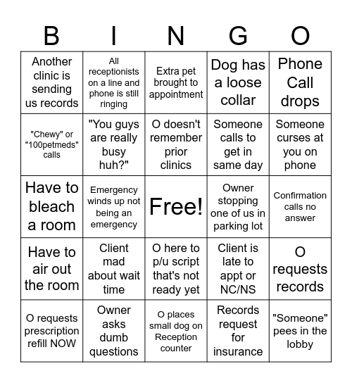 Vet Reception Bingo Card