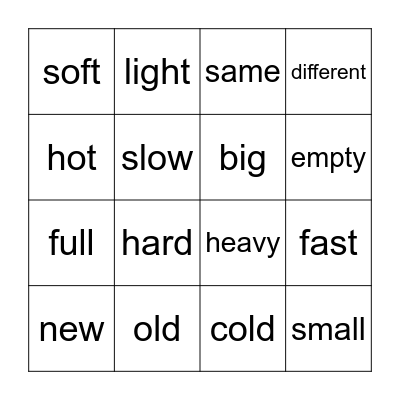 Opposites Bingo Card