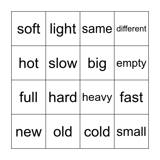 Opposites Bingo Card