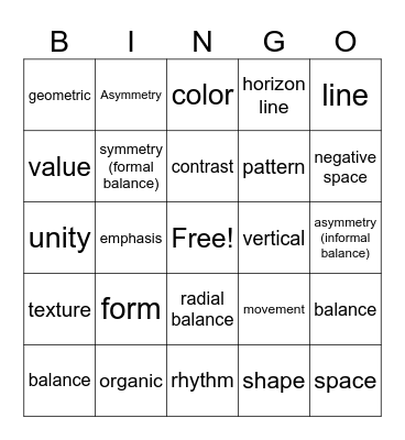 Principles and Elements of Art  Bingo Card