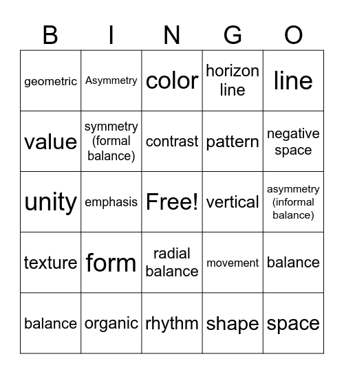 Principles and Elements of Art  Bingo Card
