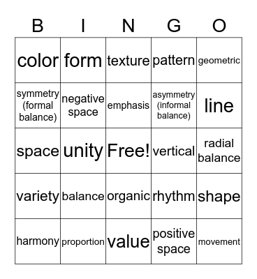 Principles and Elements of Art  Bingo Card