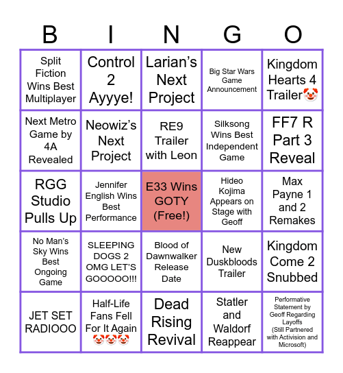 TGA 2025 Prediction Bingo Card