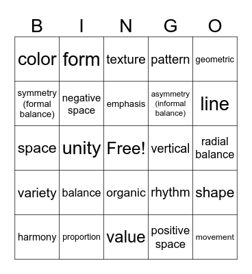 Principles and Elements of Art  Bingo Card